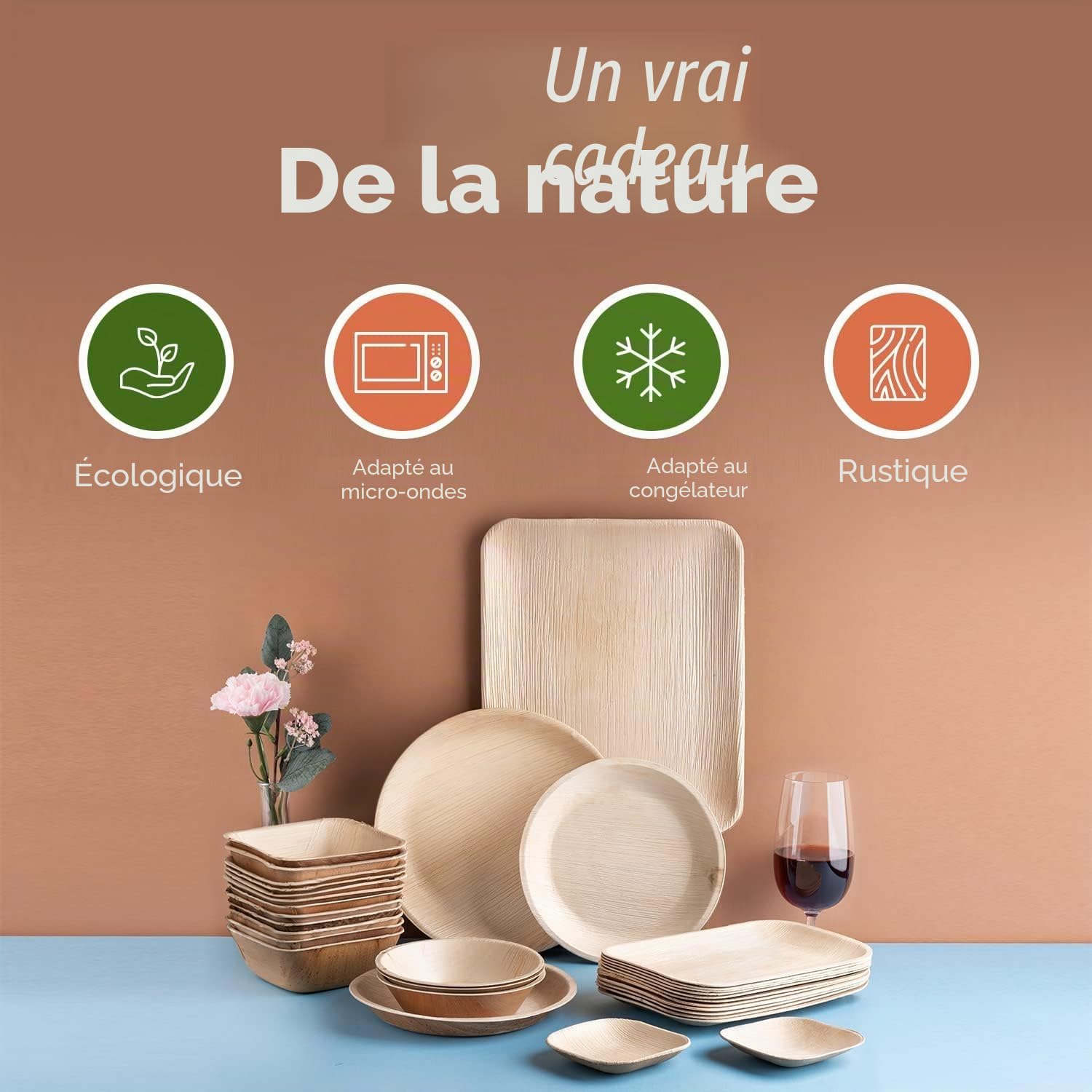 FOOGO Green 200 Bols Jetables Feuille de Palmier 13cm 550ml Carrés