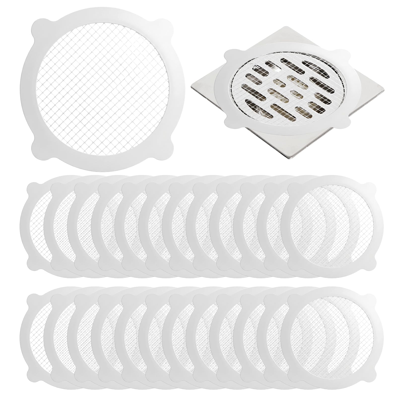 25 Pack Disposable Shower Drain Hair Catcher with 4 Fixing Feet, Waterproof Mesh Stickers Drain Cover for Bathroom, Kitchen and Bathtub, Easy to Peel and Stick Hair Trap