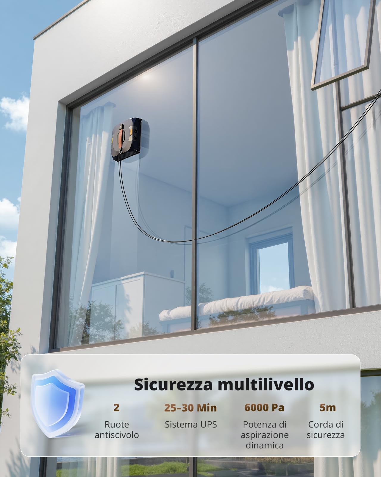 AIRMSEN YW733 Robot lavavetri, pianificazione automatica, 4 modalità di pulizia, 4 ugelli spray, serbatoio grande da 110 ml, 6000 Pa, antiscivolo, per finestre, vetri doccia & specchi