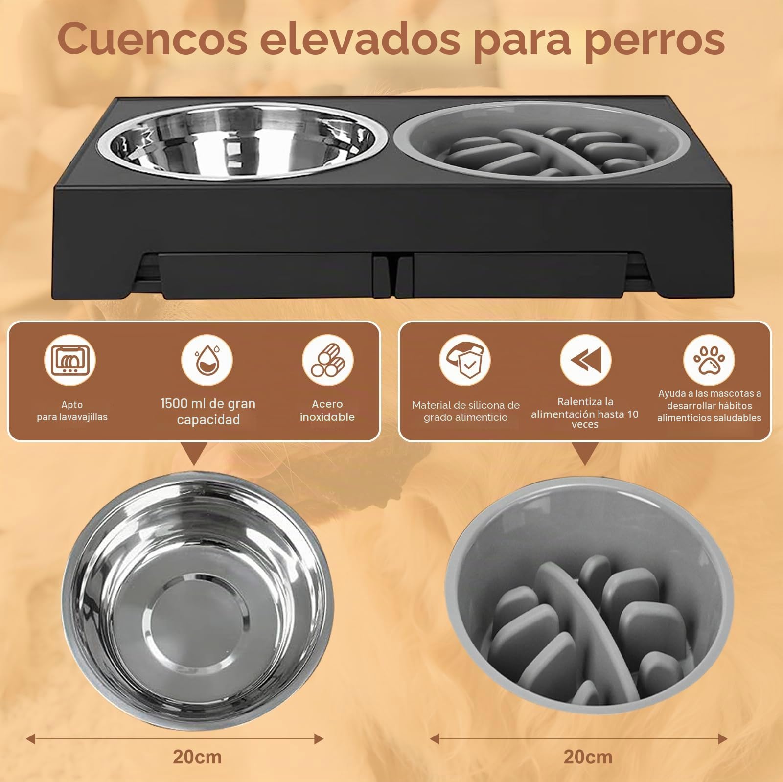 Comedero Elevado para Perros, 4 Alturas Ajustables, Cuencos de Acero Inoxidable y Alimentador Lento Antivoracidad, Soporte Antideslizante Plegable para Razas Pequeñas, Medianas, Grandes y Gatos