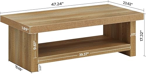 Miniatura 2 de Mesa de centro de granja de 47 pulgadas con almacenamiento, mesas auxiliares rectangulares de madera para sala de estar, mesa central de 2 niveles