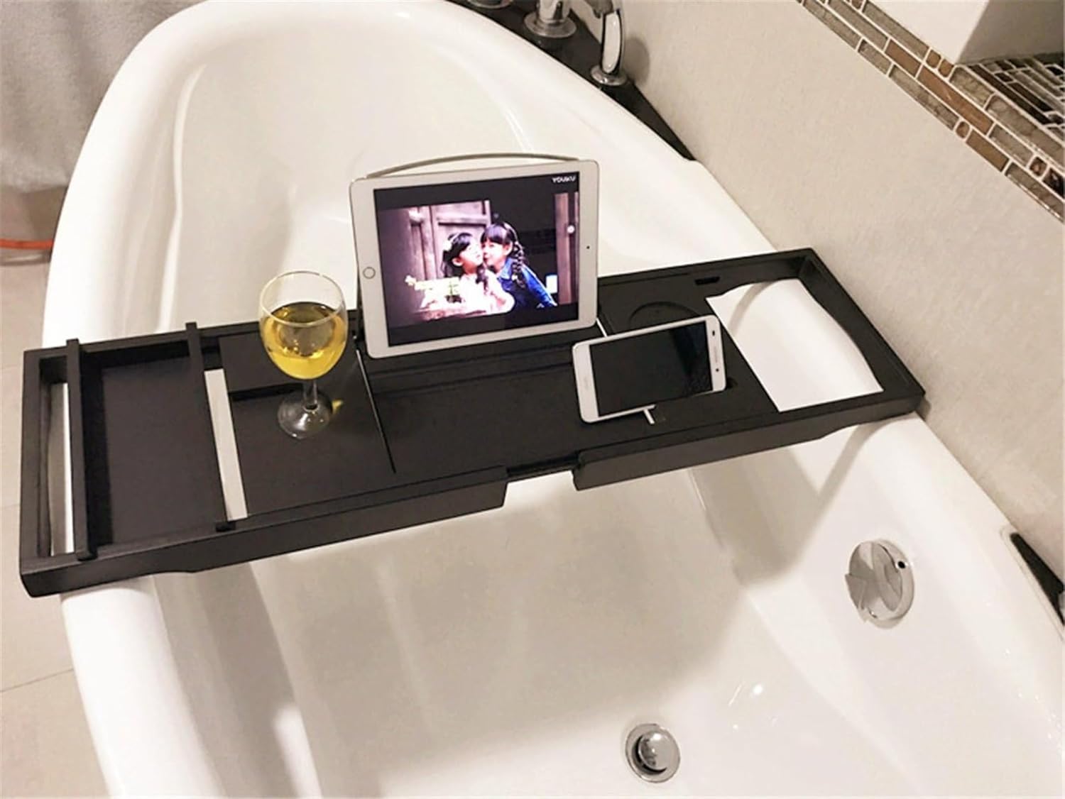 バスタブトレー バスタブラック バステーブル ブックスタンド＆多機能 お風呂用 バスグッズ 伸縮式 竹製 (A)