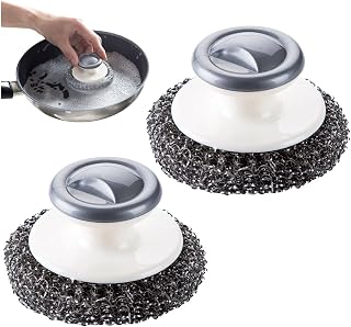 2 Pcs Steel Wool Scrubber with Handle, Heavy Duty Dish Scrubber Kitchen Cleaning Brush for Pots, Pans, Grills, Sink