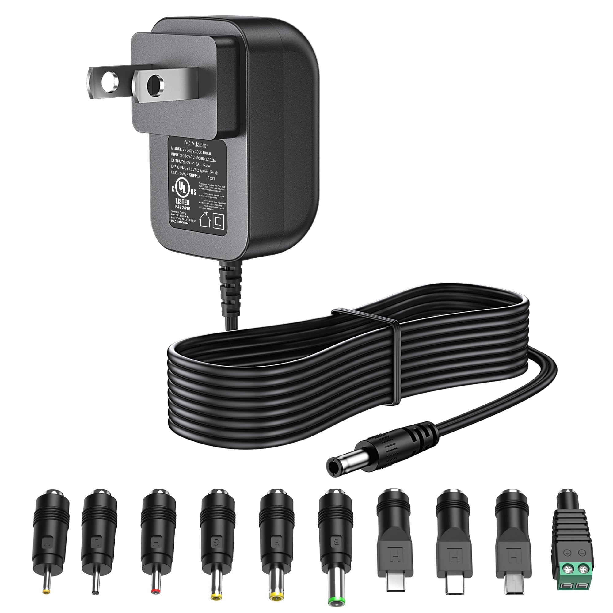 Amazon.com: DONYOIE 5V 1A Power Supply 5 Volt Charger 1000mA 5W Max  Regulated Switching AC to DC Cord Adapter with 10 Replacement Connector  100V