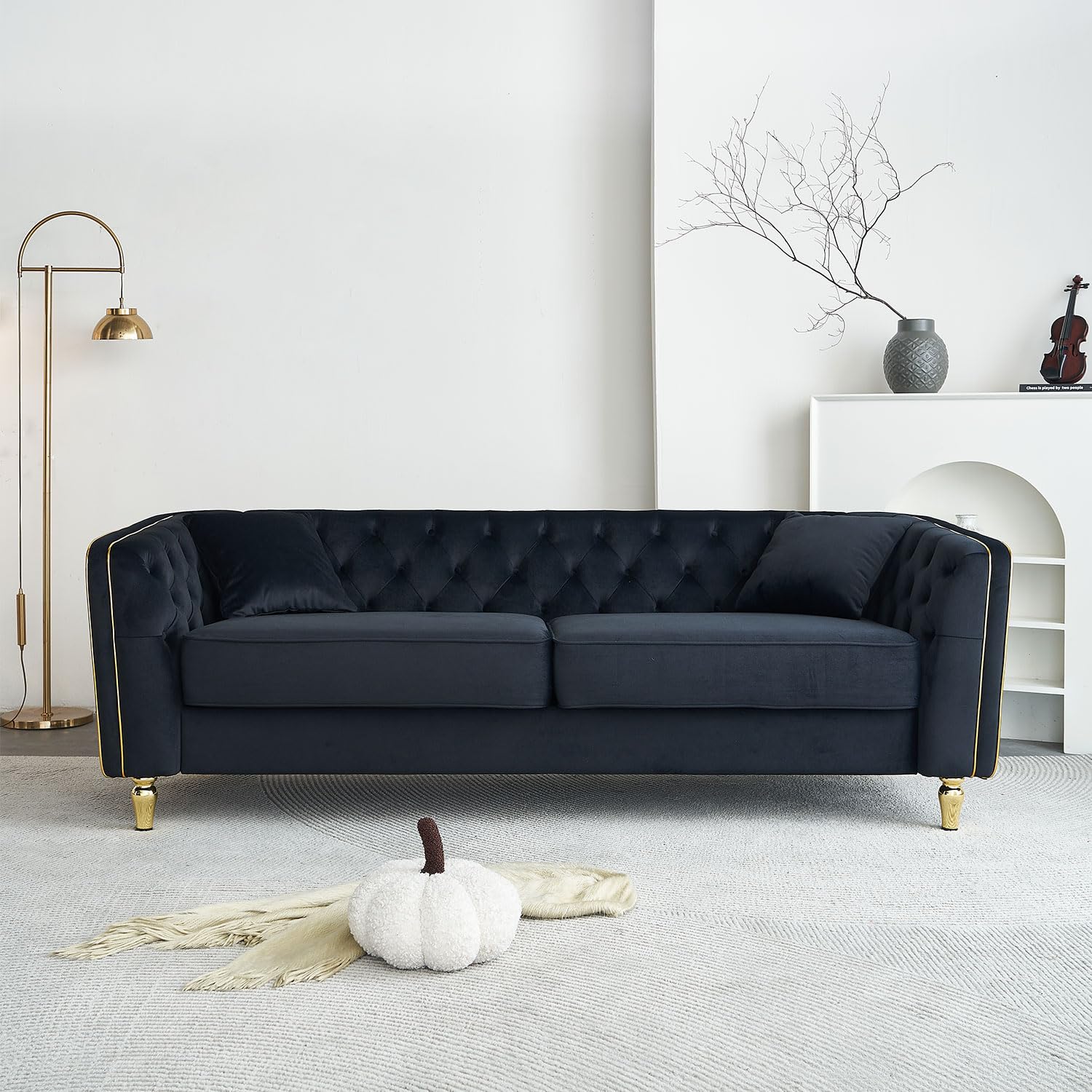 KEIKI 87" Chesterfield Velvet Button Tufted Sofa with High Density Foam Cushions, Modern Style 3-Seater Couch with Gold Strip Trim Decoration, Easy Assembly, for Apartment, Living Room, Office, Black