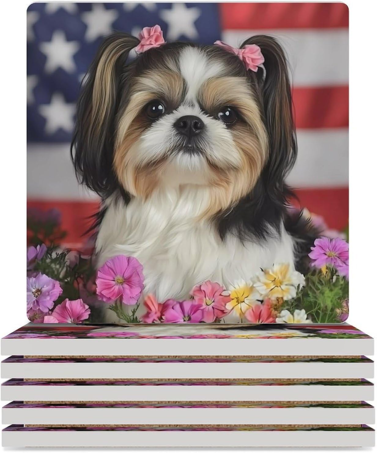 Shih Tzu Dog and Flowers Coasters for Drinks Square Ceramic Coasters Cup Mats with Cork Base