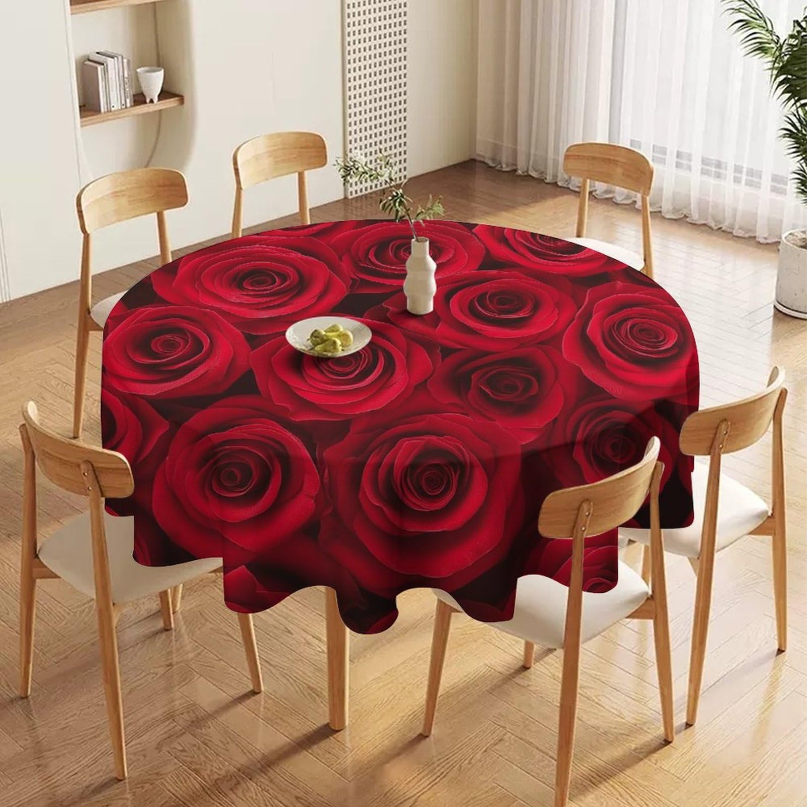 ORDOBO Round Table Cover -Red Roses Print Home Table Cover For Dinner Kitchen Holiday Outdoors Protect Table Waterproof Dust-Proof Decoration 127X127Cm