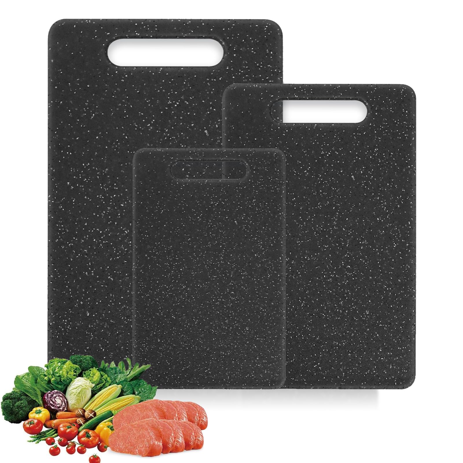 3 tablas de cortar de plástico, 3 tamaños, aptas para lavavajillas, con mango antideslizante, tabla de cortar con pies antideslizantes para verduras, frutas, carne, color negro
