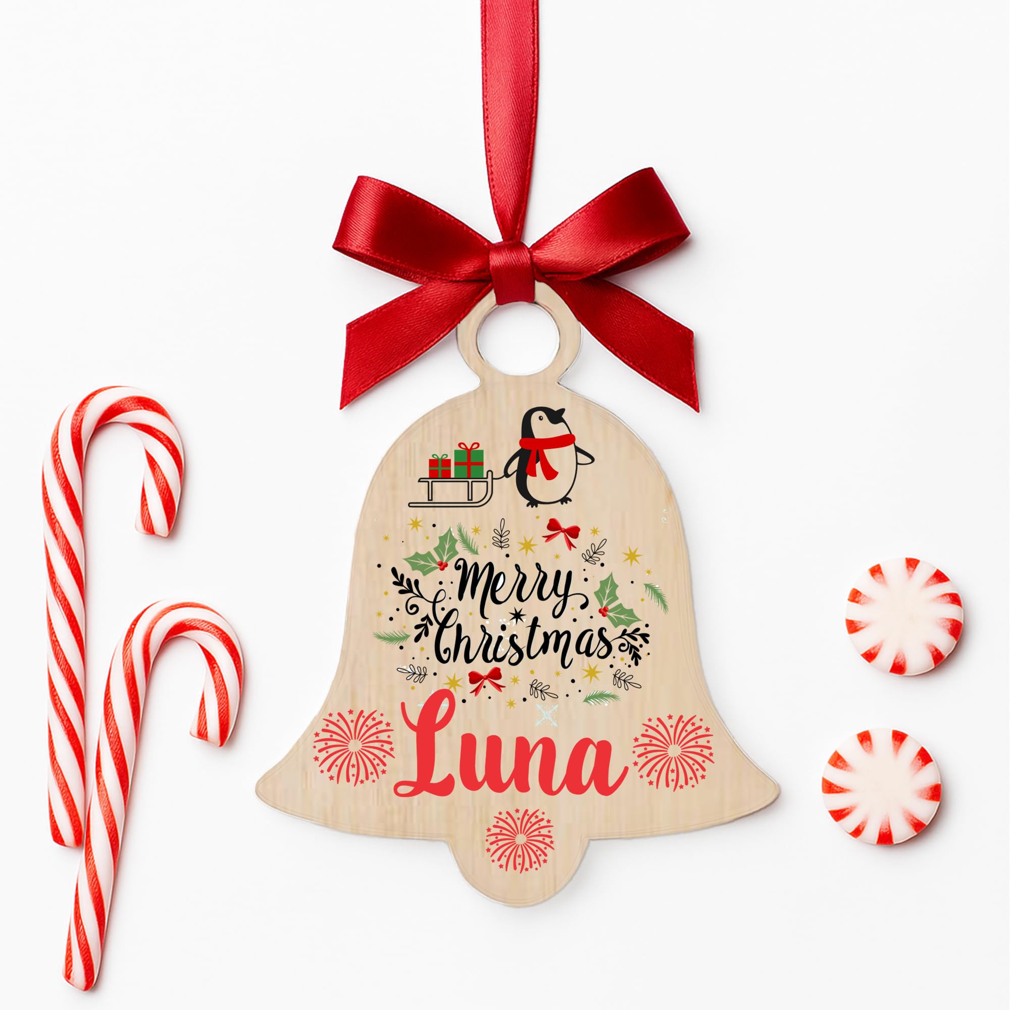 Kreatesquare Bell Personalised Christmas Bauble Xmas Tree Decoration With Customised Name And Red Ribbon Shaped Baubles | Celebrate Love & Togetherness – Custom Christmas Ornament Keepsake