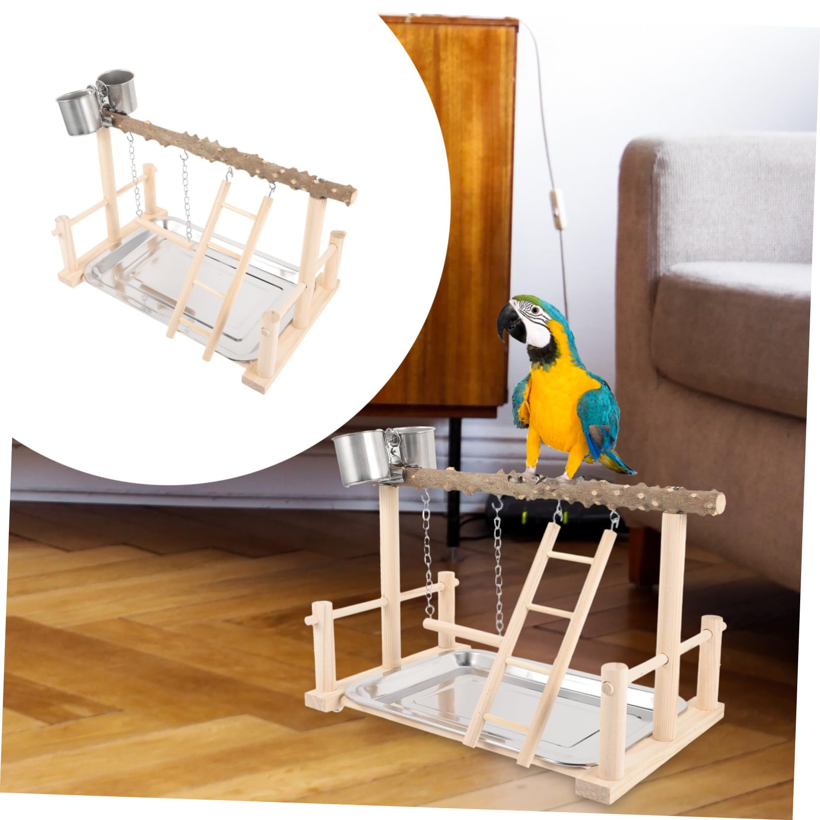 Supporto in Legno Per Uccelli Parco Giochi Per Pappagalli Scala e Altalena Ciotola Per Cibo Base Stabile Per Addestramento e Intrattenimento