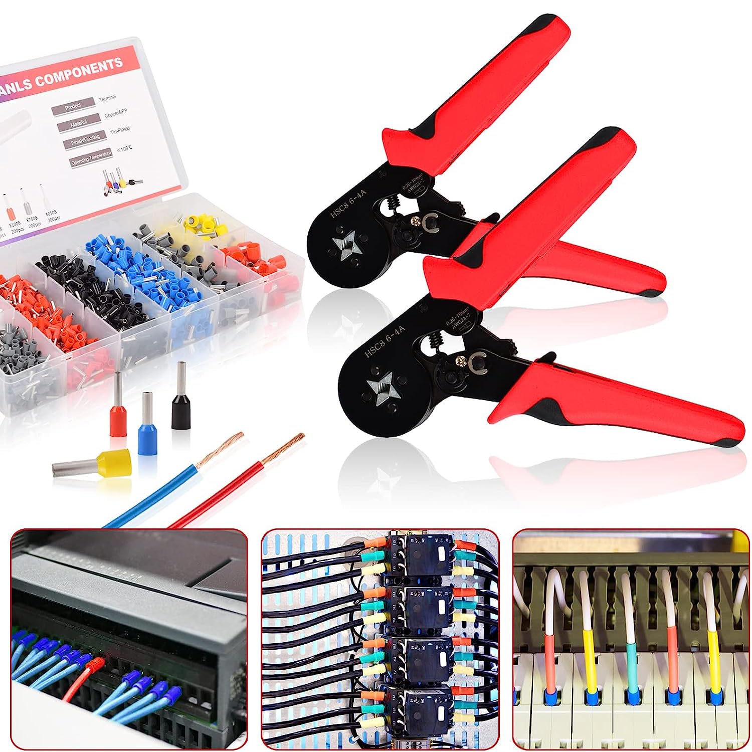 Ferrule Crimping Tool Kit,Wire Ferrules Crimpers Pliers Kit, Ratchet Tools with Terminals Connectors AWG24-10 Wiring connectors (1 Kit)
