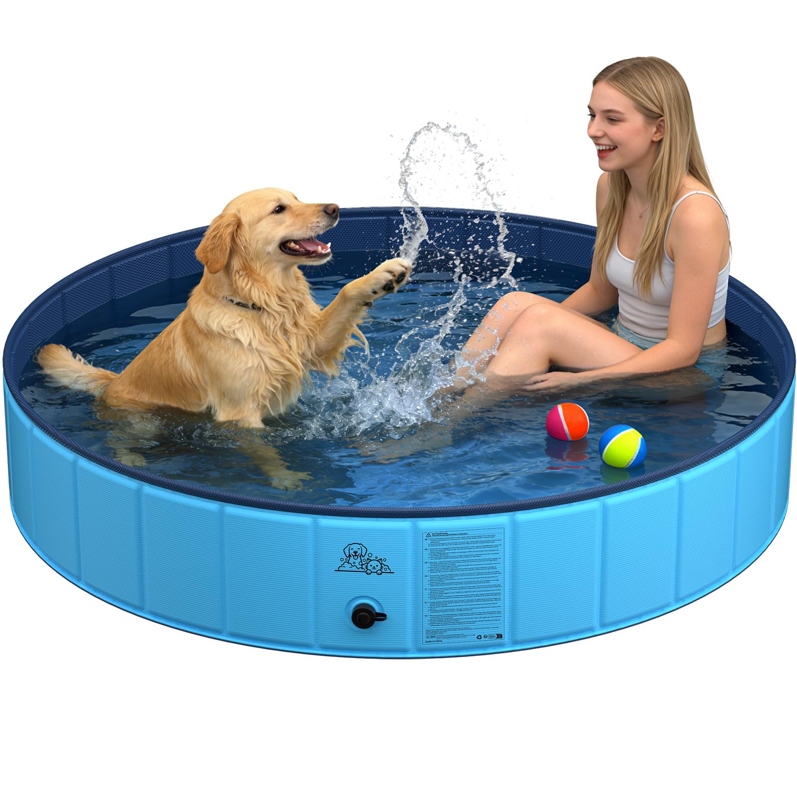 KYG Hundepool große Hunde 160x30cm – faltbar, stabil, rutschfest, einfache Entleerung, mit Ablassventil & 4 Flicken – Hunde Planschbecken für alle Hundegrößen, für den Außenbereich