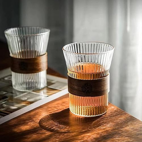 Miniatura 4 de Aurfedes Taza de café de cristal, con manga de taza de madera vintage, vasos a rayas transparentes y vasos universales, perfecto para bebidas frías,
