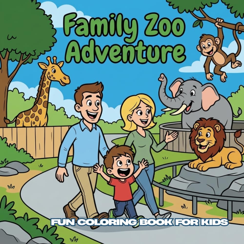 Family Zoo Adventure: 30 Simple Black and White Coloring Pages for Kids Ages 4–12 | Square Format 8.5 x 8.5 Inches