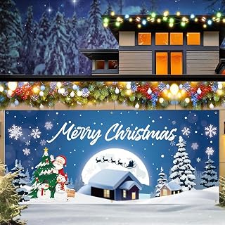 7 x 16 Ft Christmas Garage Door Banner Decorations,Festive Santa Snowman and Christmas Tree, Double Extra Large Garage Door Cover for Holiday Party Supplies and Outdoo