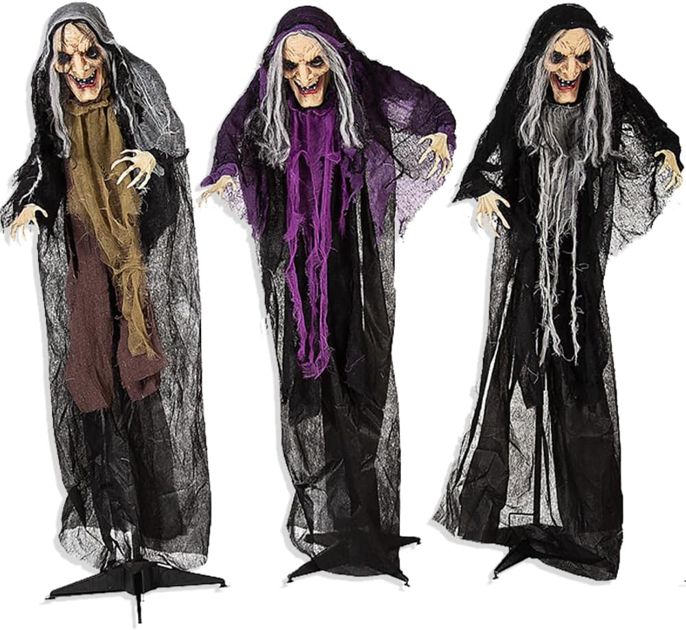 Fun Express Halloween Decorations Outdoor - 3 Witches Holding Hands Yard Stakes Set, 3.6 Feet Tall | Premium Polyester Witch Decor for Outside Halloween Decorations, Lawn & Garden Display