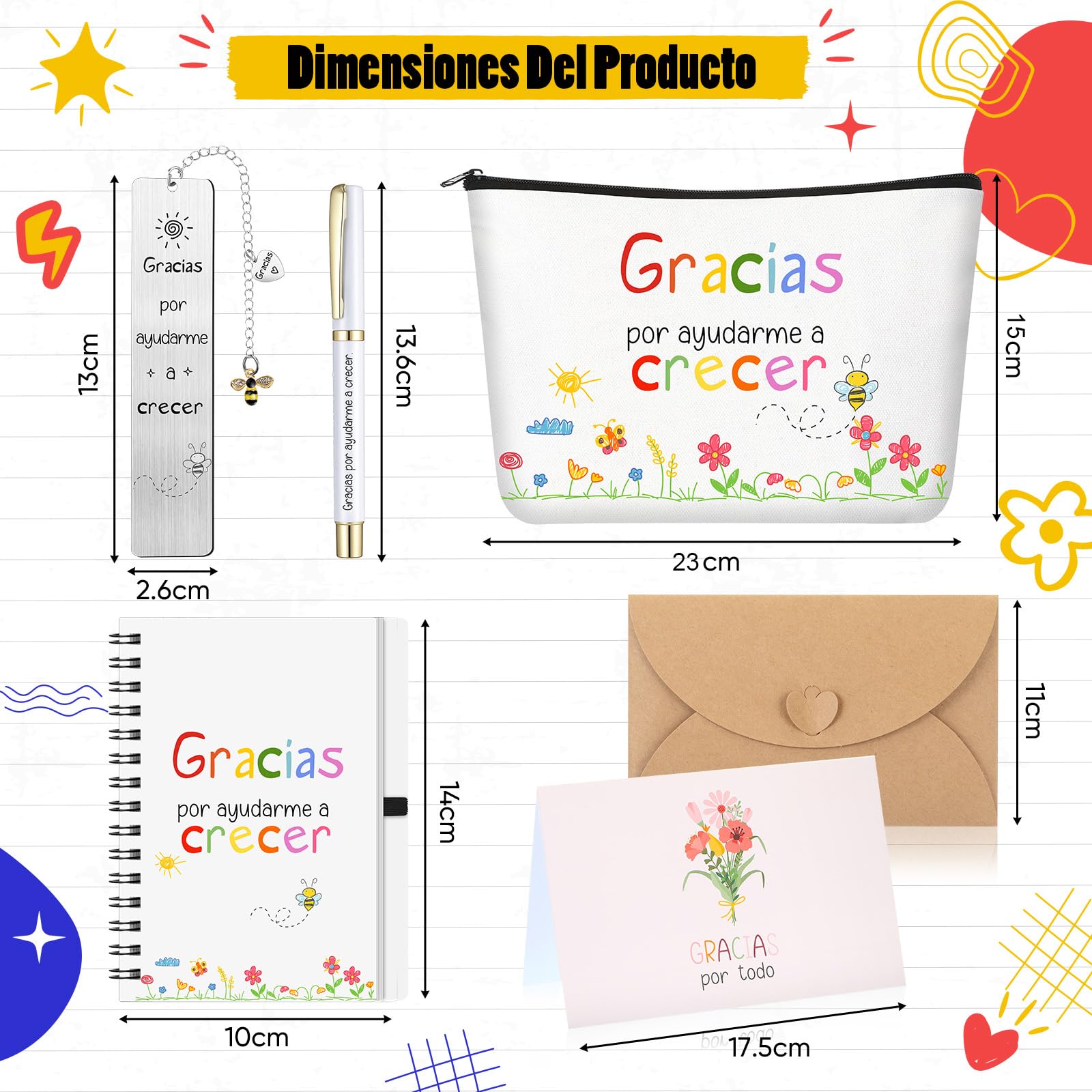 Sinmoe Regalos de Agradecimiento para Profesores Incluir Cuaderno A6 Bolsa de Cosméticos Marcapáginas con Colgante Gratitud Tarjeta de Agradecimiento Doblada(Ayudarme A Crecer)