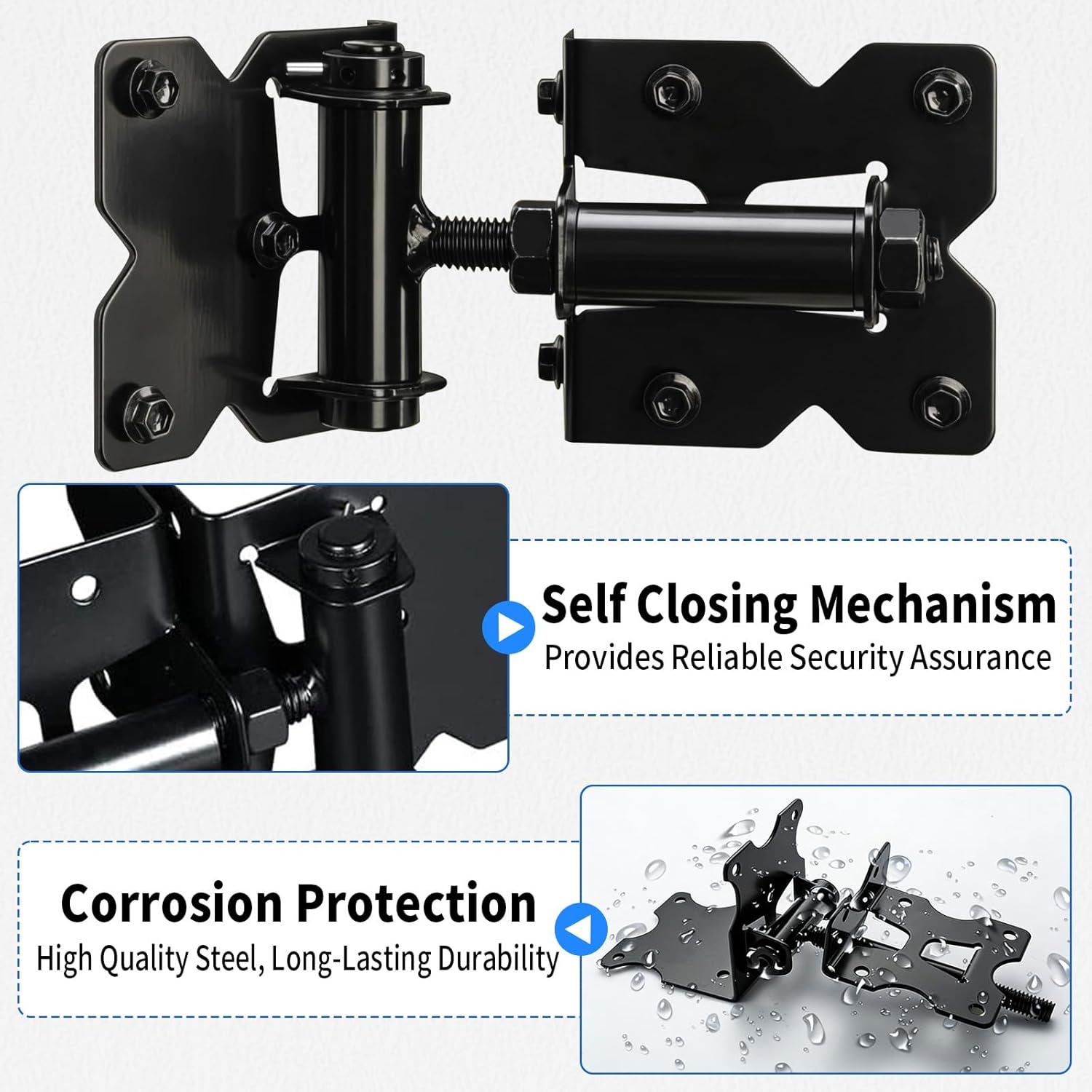 K Kasonic 2 Pack Self Closing Gate Hinges for Vinyl/PVC/Metal/Wooden Fence Gates, Heavy Duty 90 Degree Adjustable Gate Door Hinges Hardware Kit with Swing Adjuster Tool and Self-Tapping Screws