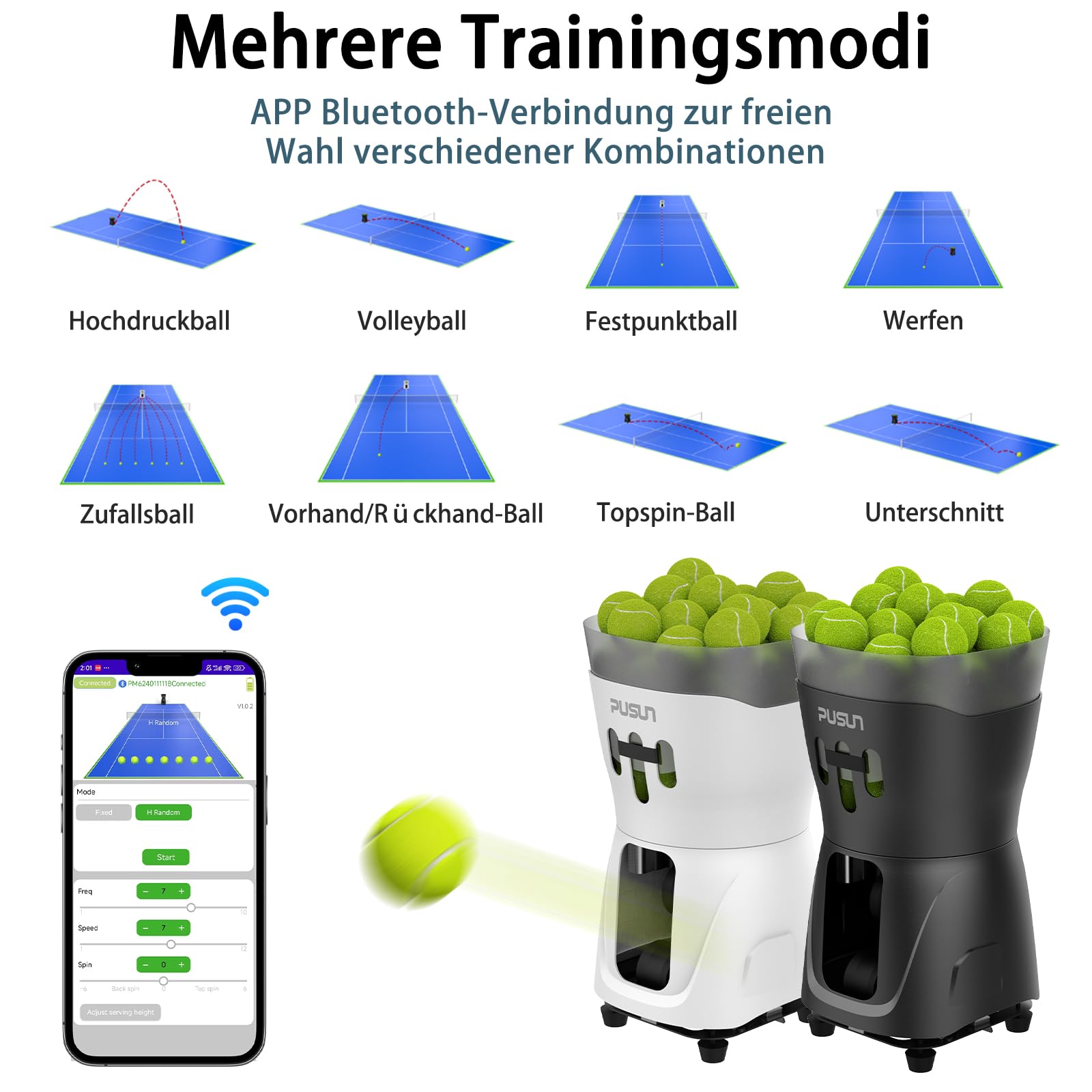 PUSUN PT-MINIPro Tragbare Tennisballmaschine - Leichte Indoor-Tennismaschine mit APP-Steuerung, 65-Ball-Kapazität & Lehrsystem, Intelligenter Tennistrainer für Schulen (3-5 Stunden Akku)