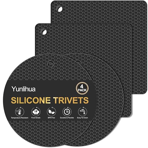 Yunlihua 4 PCS Heat Resistant Silicone Trivet Mats, Black