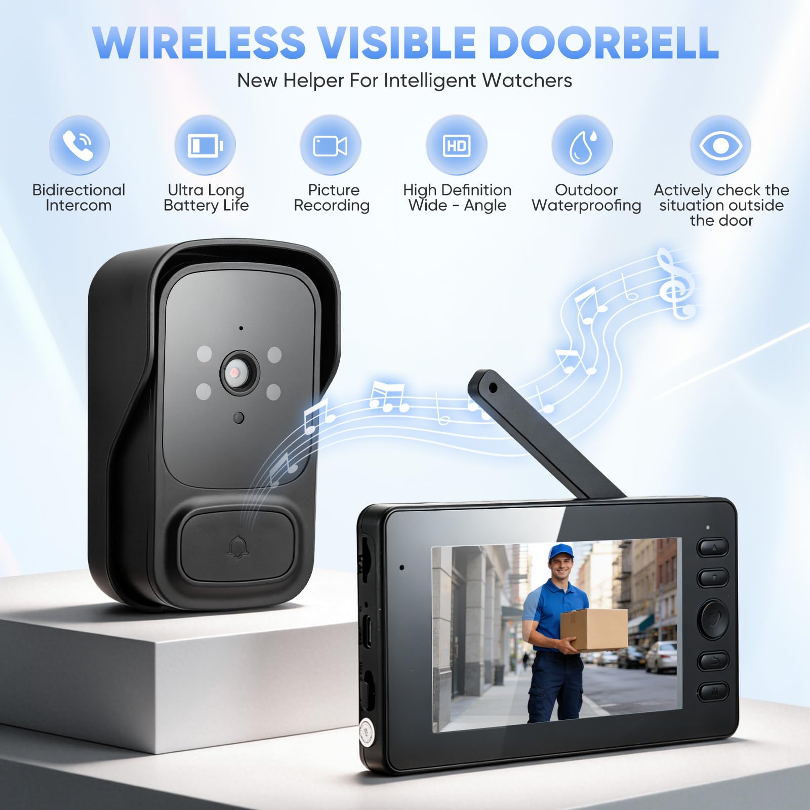 Video Türklingel mit Kamera Außenbereich Kabellos IP65 Wasserdicht, 1080P HD 4,3 Zoll Bildschirm, Zwei-Wege Audio & Infrarot Nachtsicht, Bewegungsmelder, MicroSD Unterstützung, Lange Akkulaufzeit