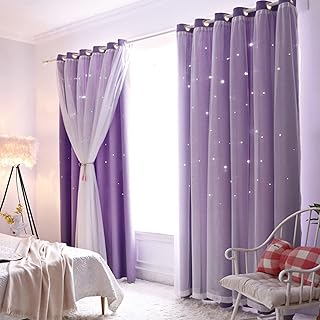 Star Blackout Curtains with Nets,Lilac Star Panels Nursery Double Layer Window Curtains for Kids Girls Room Bedroom Living Room Decoration,2 Panels,W 52 in x L 108 in
