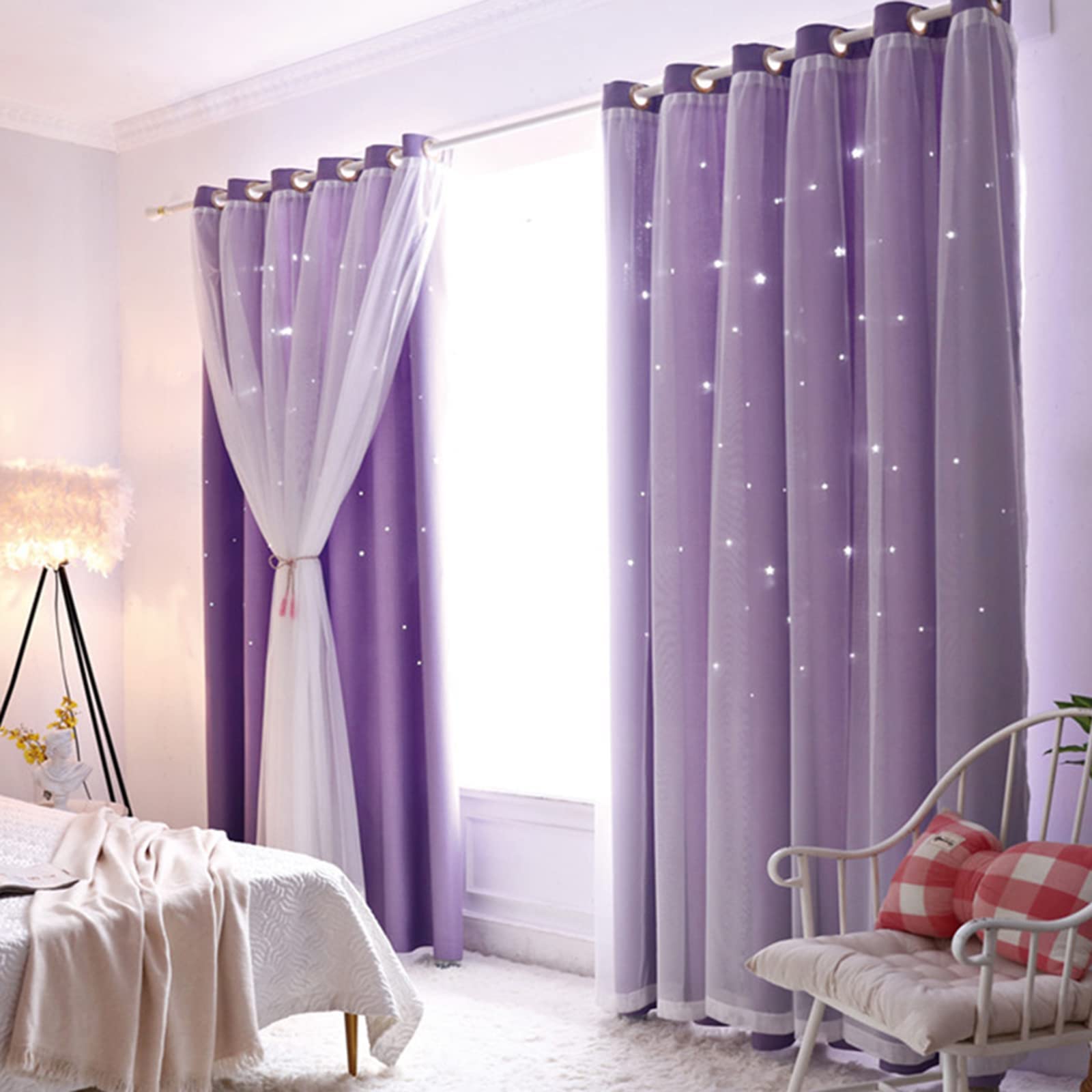 Cortinas opacas de estrellas con redes transparentes, paneles de habitación infantil, cortinas de doble capa resistentes al viento, 2 paneles de 52 pulgadas de ancho x 108 pulgadas de largo, ideales