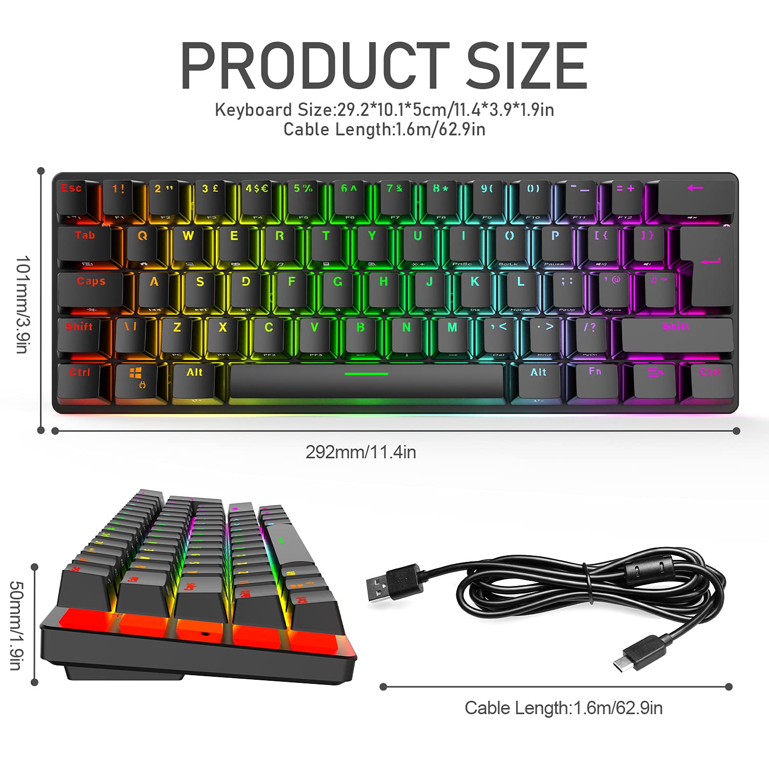 Tastiera meccanica da gioco con layout britannico RGB 14 effetti di retroilluminazione, mini 62 tasti cablato tipo C + mouse leggero RGB 6400DPI a nido d'ape + tappetino per mouse