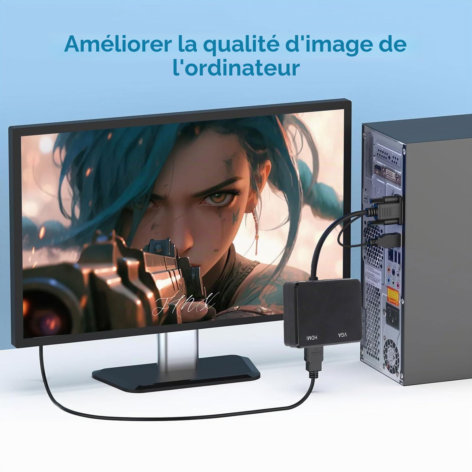 Agatige Adaptateur VGA vers HDMI 1080P Convertisseur Répartiteur 1 en 2 Sorties pour PC Projecteur Noir