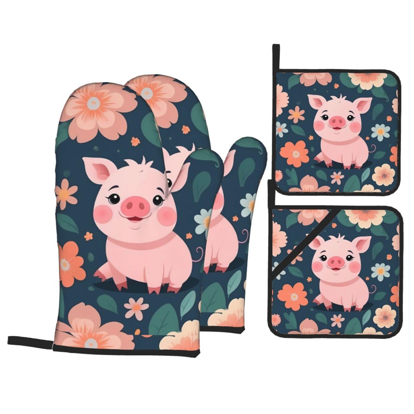 HJFCZH Flower Cute Pig Pattern Picture Kitchen Baking Set of 4 Thick Insulated Oven Mitt & Pot Holders, Anti-Scalding for Microwave, Oven, Outdoor BBQ