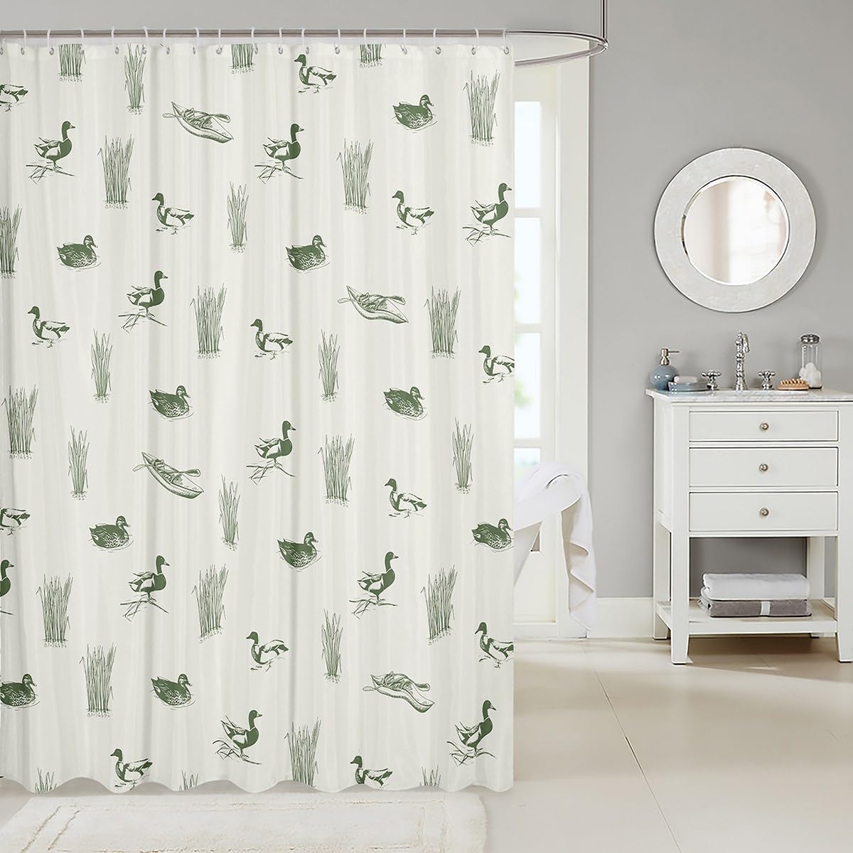 Wild Duck Shower Curtain Lake House Hunting Theme Bathroom Curtain,Green Rustic Animals Plants Print Waterproof Curtain Kids Teens Men Room Decor Lake Boat Fishing Bath Curtain,12 Hooks,72" Wx78 L