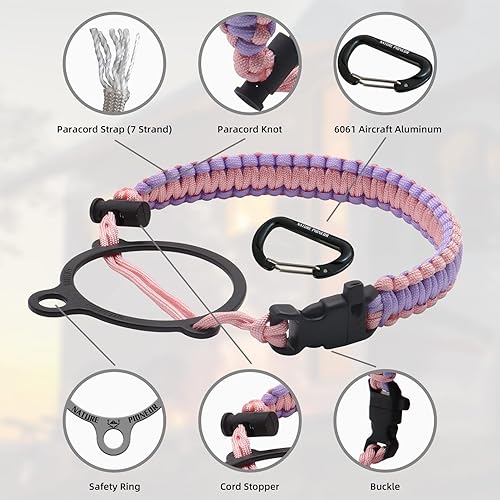 Miniatura 5 de NATURE PIONEOR Botellas de agua aisladas con mango de paracaídas, 24324064 onzas, botella de agua deportiva de boca ancha con 3 tapas, de acero