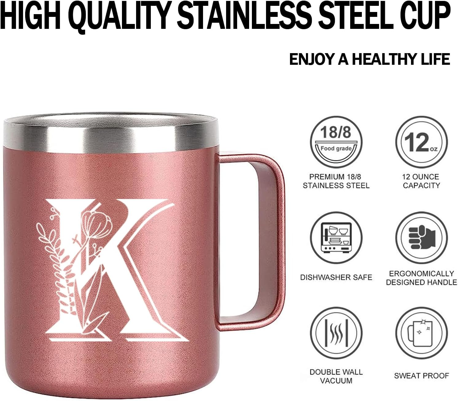 Letter K Insulated Coffee Mug with Lid and Handle, Personalized Initial Mugs for Women, Letter K Gift Coffee Mugs for Women, Wife, Mom, Grandma, Bridal Shower Gifts, 12 OZ Rose Gold - Image 5