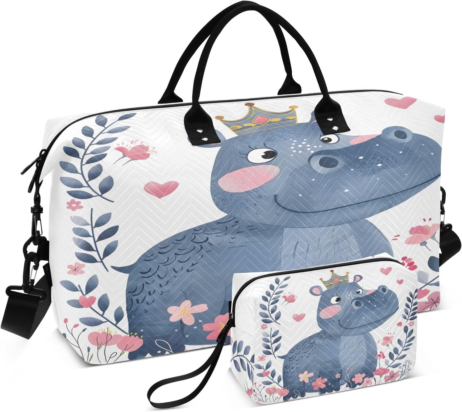 Travel Duffle Bag, Little Princess Hippo A Crown Gym Bag with Storage Bag Weekender Overnight Bag for Men Women Trip Sports Yoga