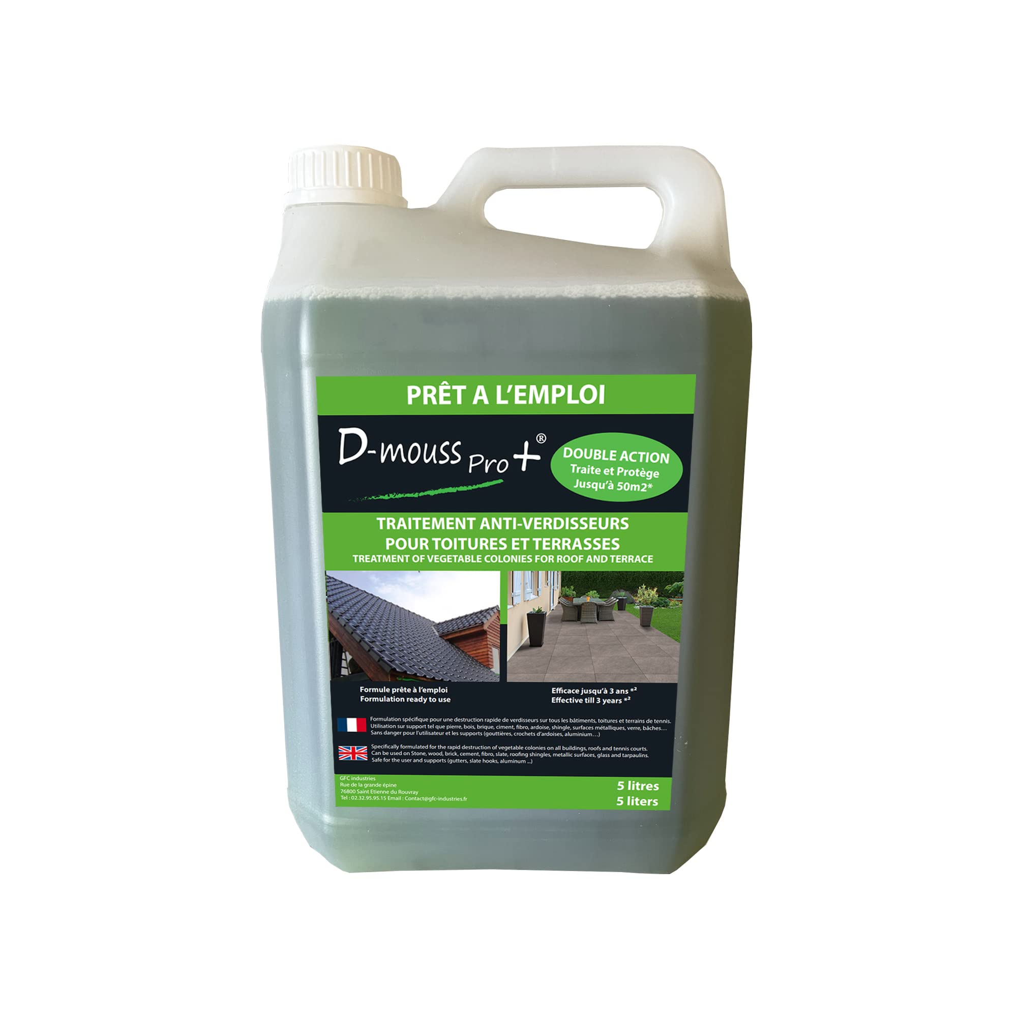 D-MOUSS PRO Anti Mousse Prêt à l'Emploi Bidon 5L jusqu'à 50 m², Anti-Verdissure et Anti-Dépots Verts, Usage Multi Support (Toiture, Terasse, Façade, Pavé)