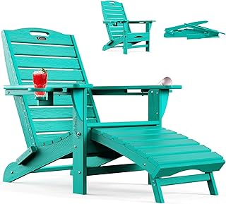 Ciokea Folding Adirondack Chair with Retractable Ottoman Fire Pit Patio Chair with Pull Out Foot Rest Weather Resistant Lawn Outdoor Lounge Chair with 2 Cup Holder (Lake Blue)