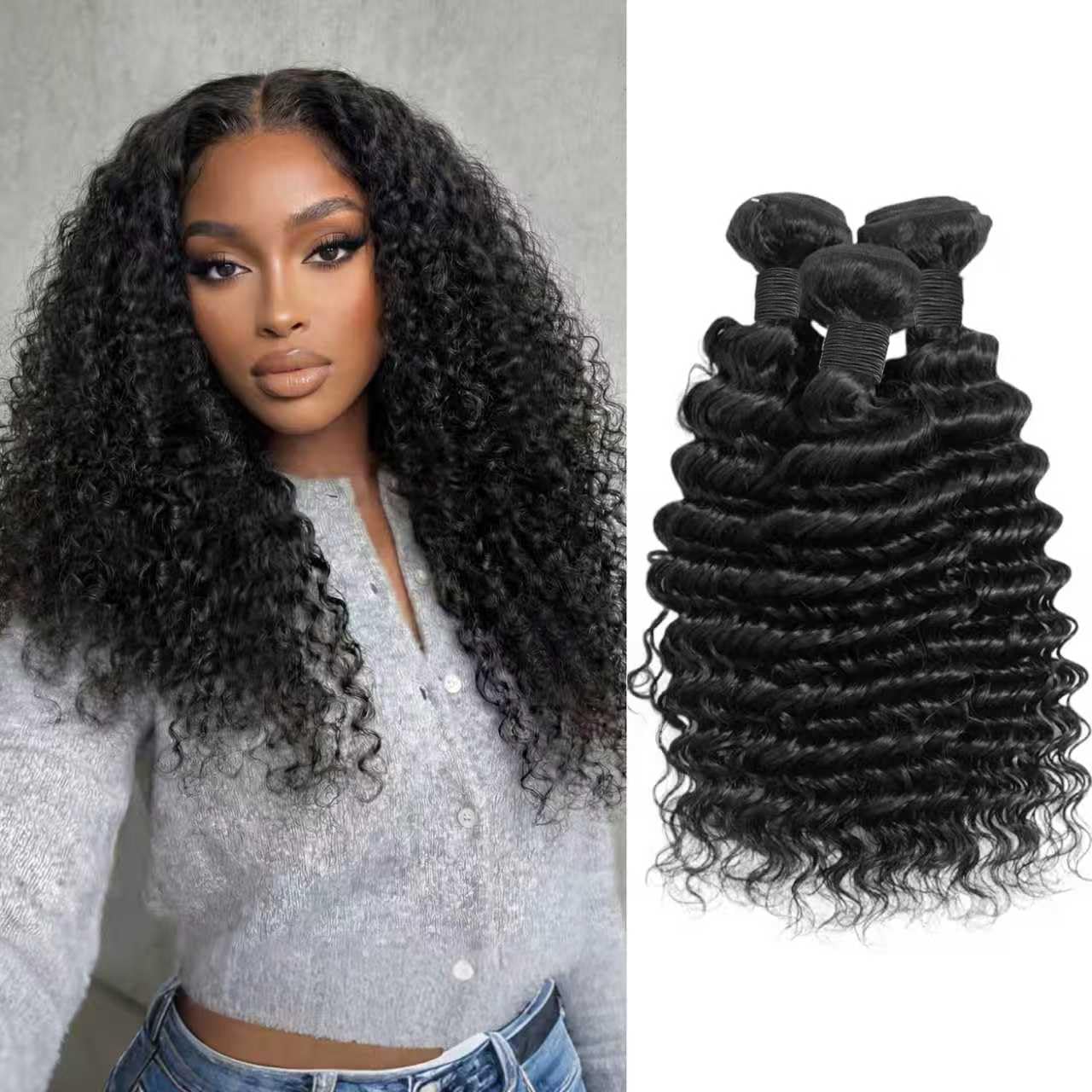 Tissage Bresilien en lot Deep Wave Human Hair Bundle 8 10 12 Pouces 210g