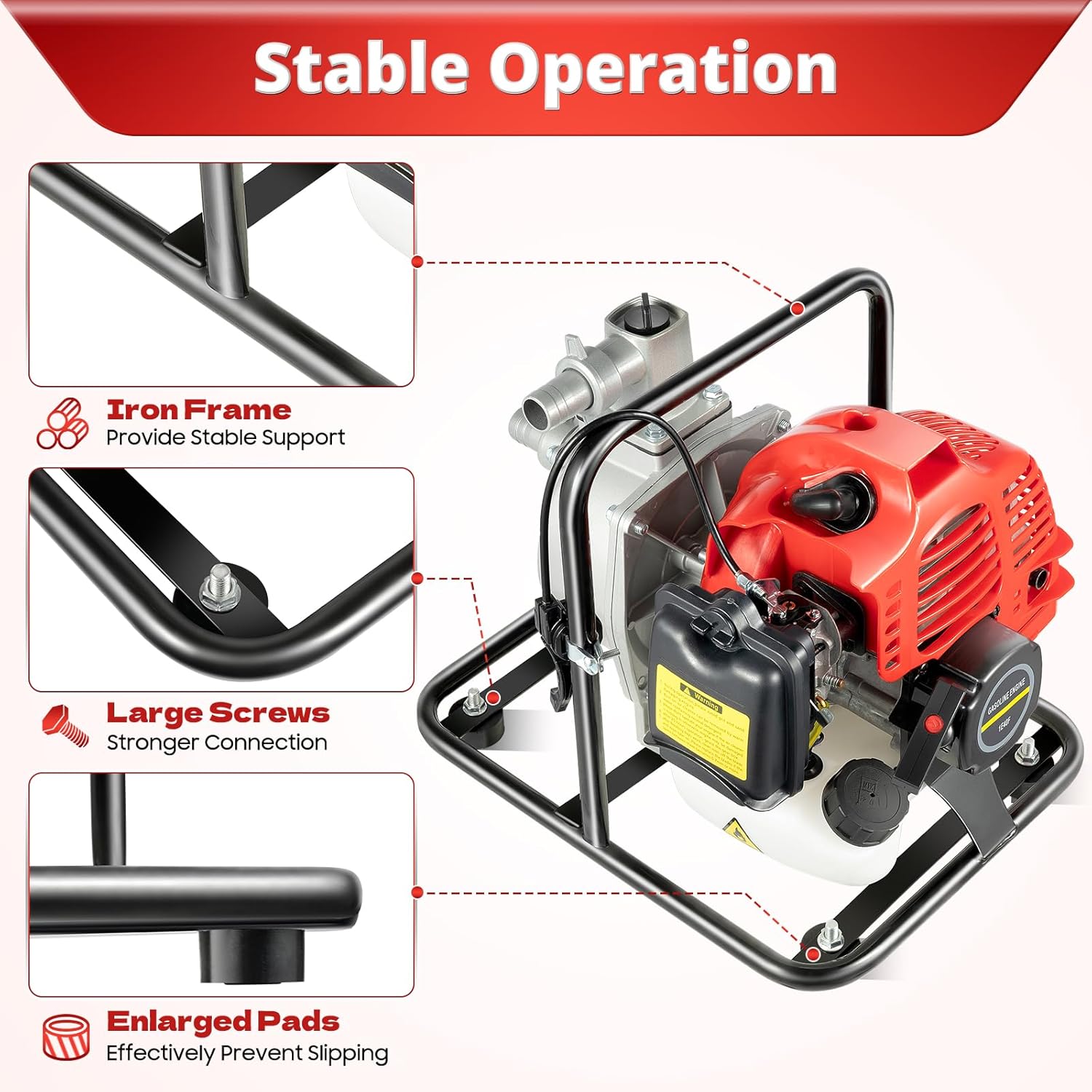 Gasoline Engine Water Pump,2-Stroke Industrial Water Pump Air-Cooled, Transfer Pump Petrol Pump Portable High Pressure for Irrigation Pool, Landscaping or Gardening Irrigation(43CC 2hp)