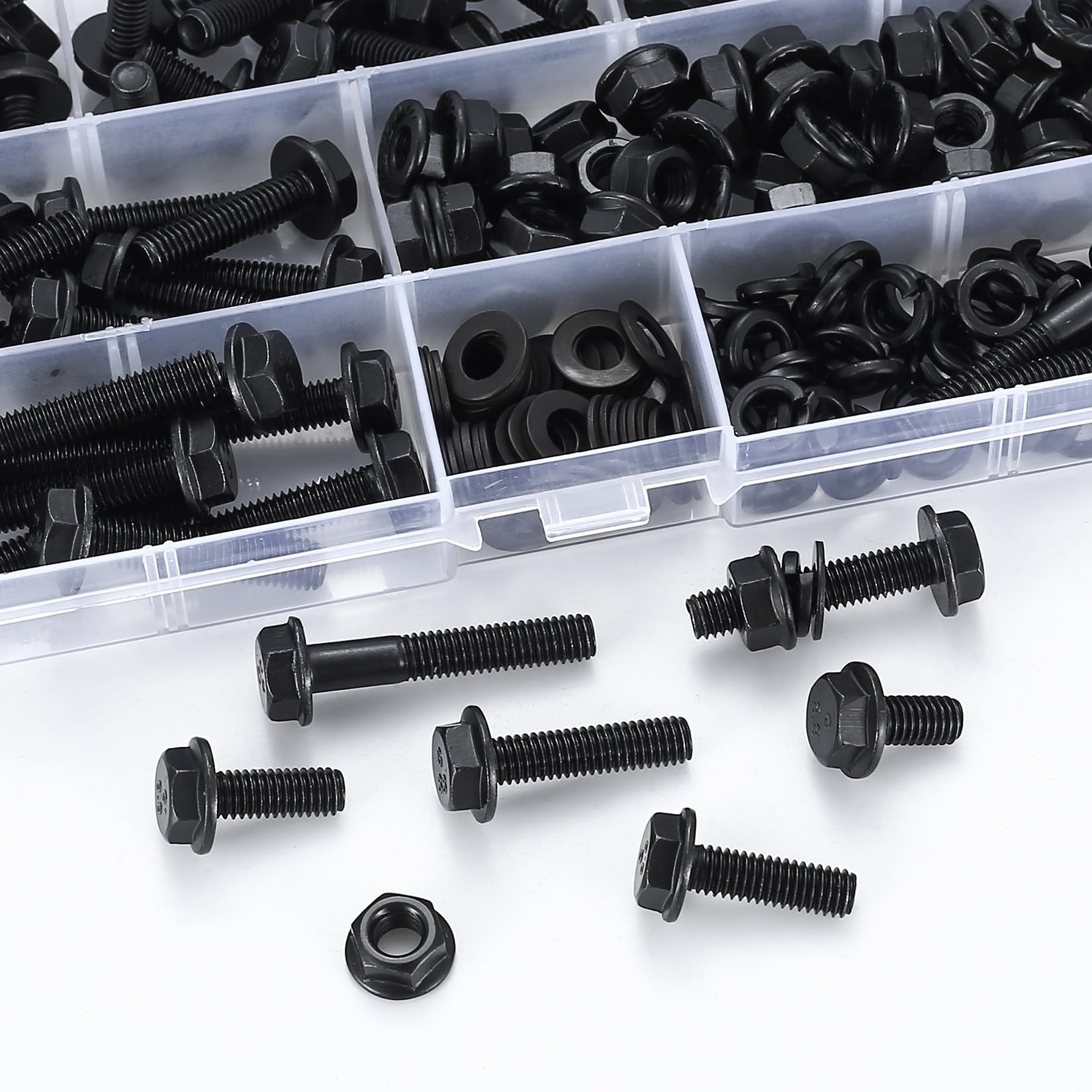 Lot de 208 écrous et boulons M6 à bride dentelée hexagonale, boulons et écrous à tête hexagonale à bride métrique, assortiment d'écrous et écrous à tête hexagonale à bride M6, noir assorti