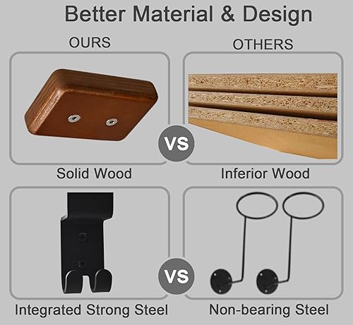 Miniatura 4 de Qktxktzy Soporte de pared para casco, estante de engranajes de motocicleta con 2 ganchos para llaves, construido con madera maciza y acero fuerte