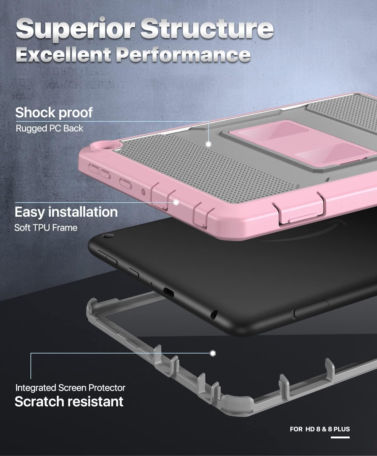 MoKo Protective Case Compatible with Kindle Fire HD 8 & 8 Plus Tablet (10th Generation, 2020 Release), Full Body Rugged Shell Heavy-Duty Cover with Built-in Screen Protector, Gray/Pink