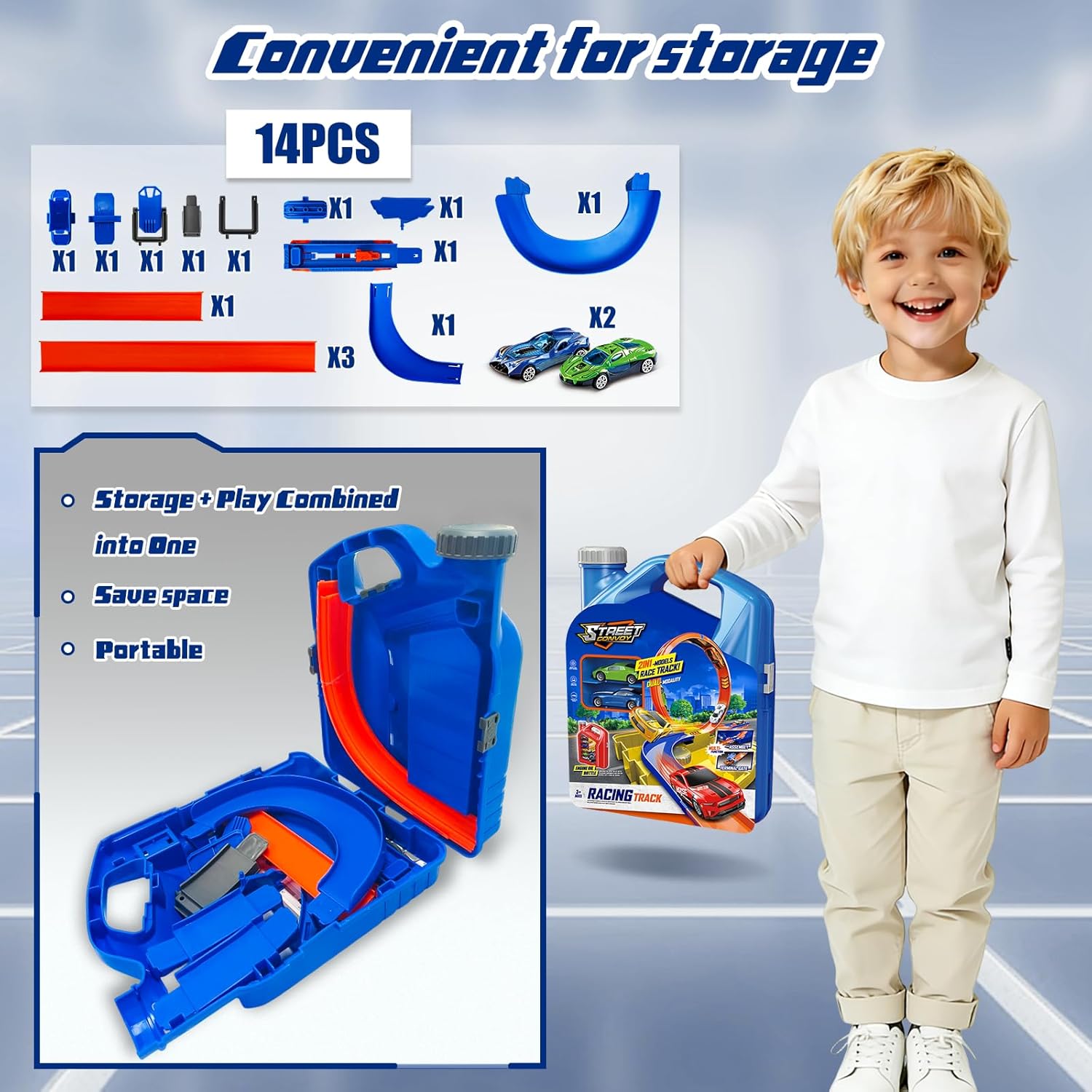 Race Track Toy Car Set with 2 Race Cars,2 in 1 Car Tracks Style with Storage Box,Changeable Tracks Toys Birthday Easter Gifts for Kids 3 4 5 6 7 8+Year Old Boys Girls (Blue)