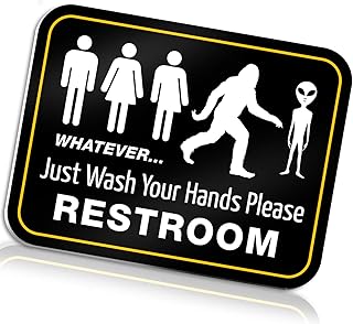Bigtime Signs Funny Bathroom Sign | 11.5" x 8.75" Rigid PVC | All Gender Bigfoot & Alien Wash Your Hands Please - Bathroom Decor & Signs