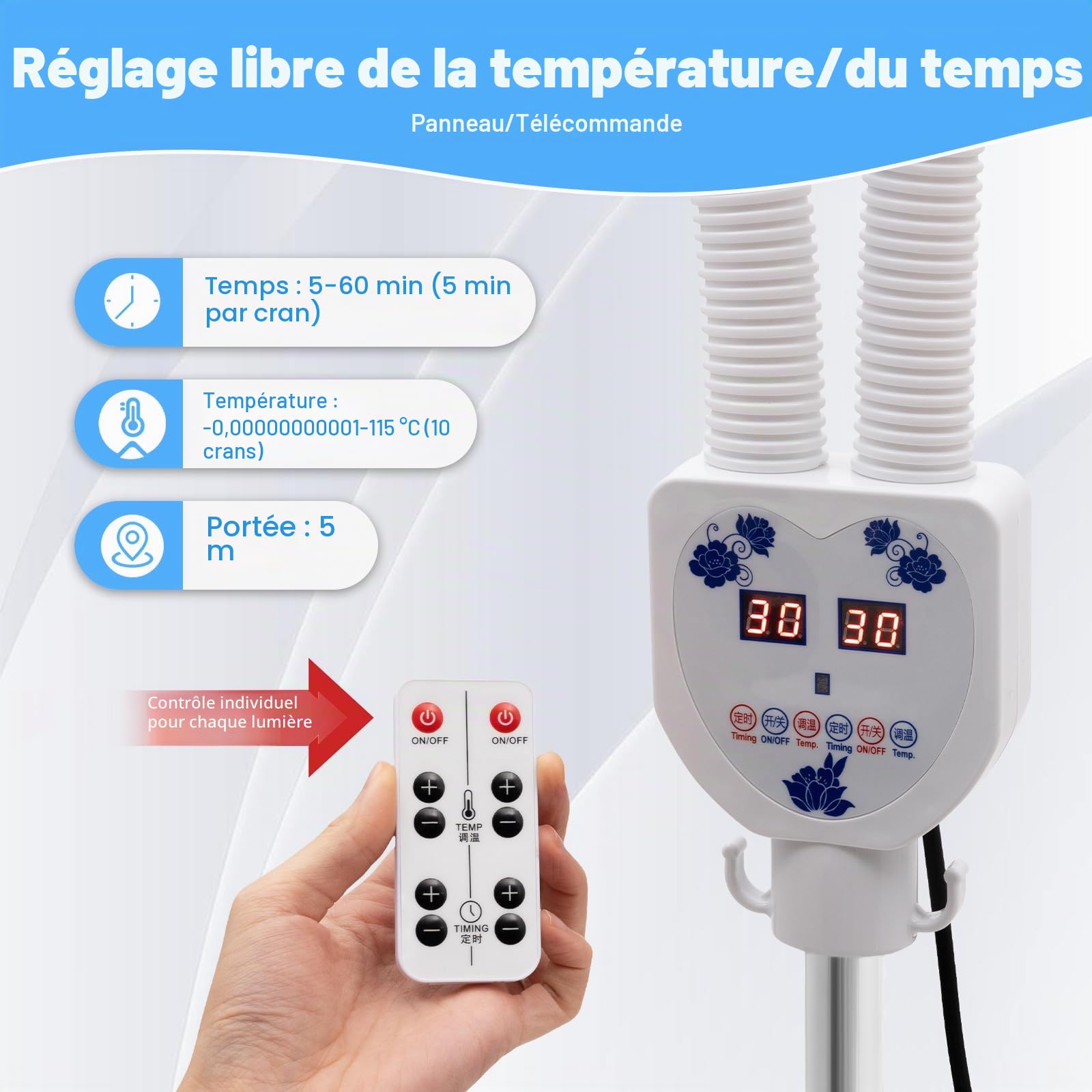 Lampe infrarouge 275 W pour thérapie infrarouge - Lampe chauffante avec télécommande et roulettes - Double tête - Lumière rouge 0-115 °C - Rotation à 360°