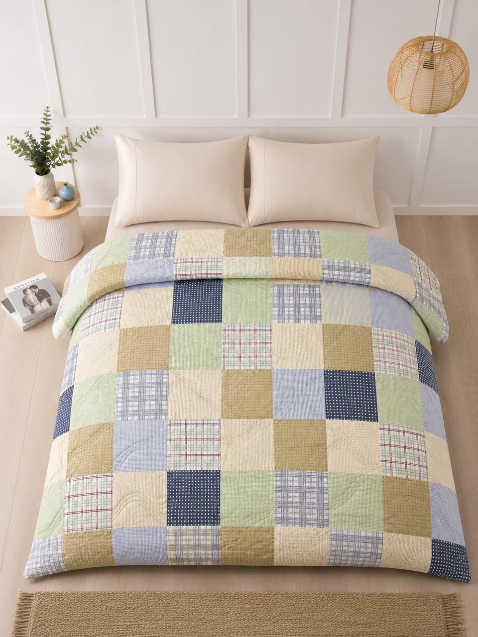 Quilted AC Comforter 100 GSM | Microfiber Reversible All Season Blanket for Double Bed | Ultra Soft Lightweight Quilt Duvet | 203 x 229 cm (Green Geometric)-image-34