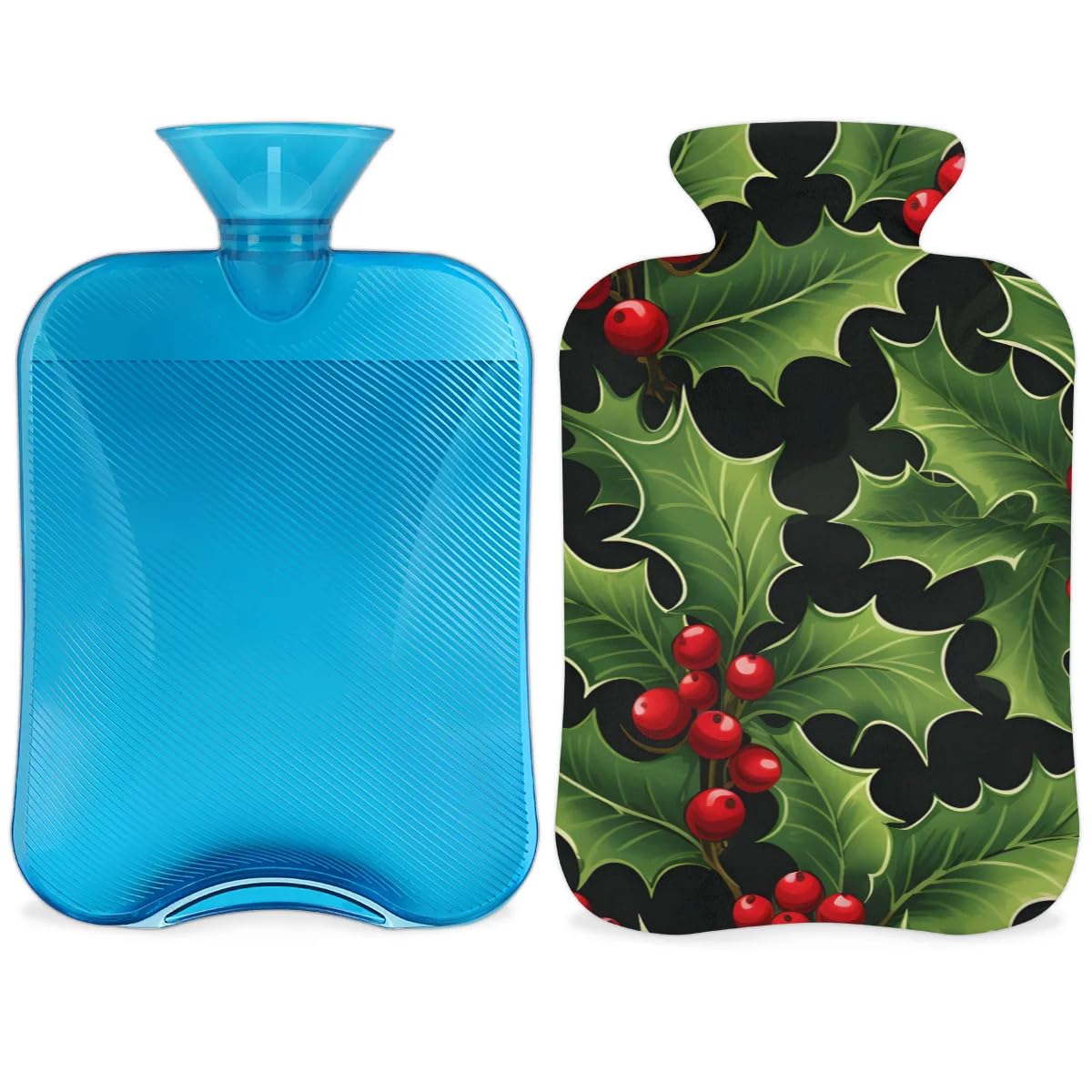 Hot Water Bottle with Soft Cover,2L Holly Berry Flowers Hot Water Bag for Hot and Cold Compress, Hand Feet Warmer, Fantastic Flowers Rubber Hot or Cold Water Bottle Halloween Christmas Decorations