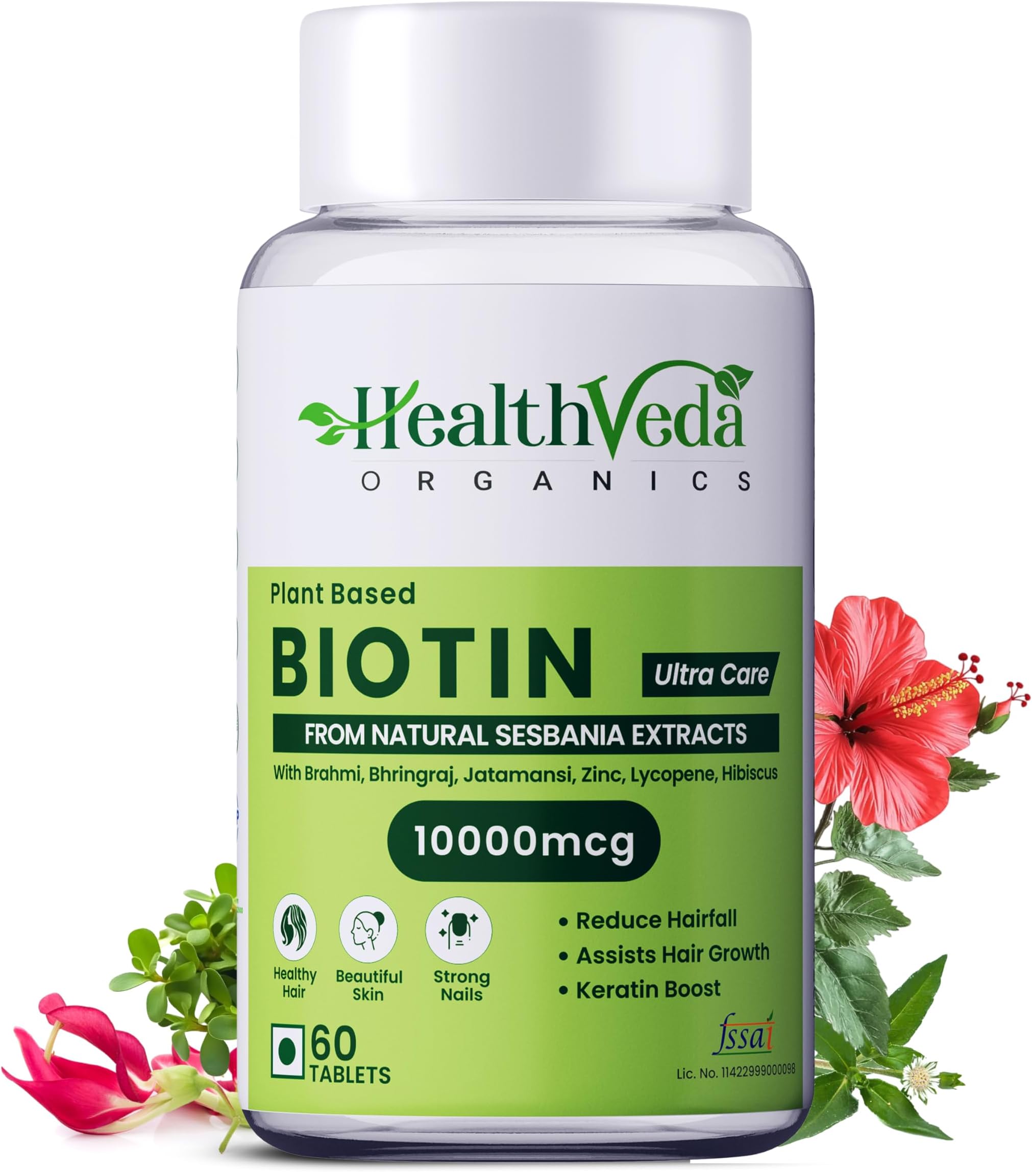 Health Veda Organics Biotin Tablets for Hair Growth | Biotin Supplement 10000mcg for Men & Women | Supports Hair, Skin & Nails | With Bhringraj, Stinging Nettle, Green Tea, Zinc & Vitamin E | 60 Tablets