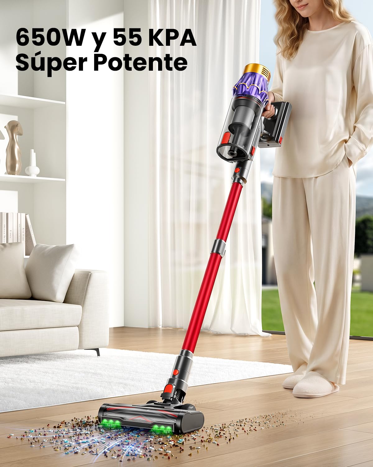Aspiradora sin Cable 55Kpa/650W/70Mins, Escoba Aspiradora de 1.8L, Sistema de Filtración de 8 Etapas,Autoportante, Adecuada para Pelo de Mascotas, Luz Verde Alfombras y Suelos de Madera