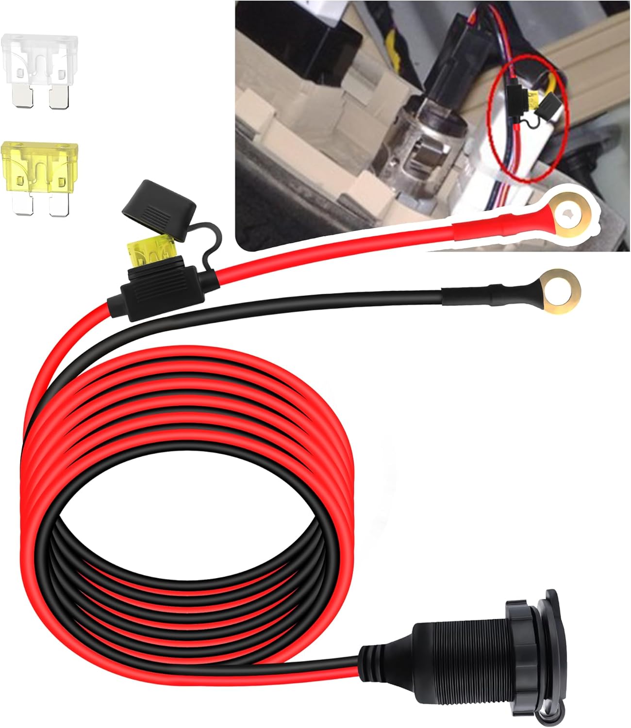 10Ft 24V/12V Cigarette Lighter Socket Extension Cable,Heavy Duty 12V Power Supply Car Plug Outlet with 20A 25A Fuse,Waterproof 12V Power Outlet Car Accessories (10Ft)
