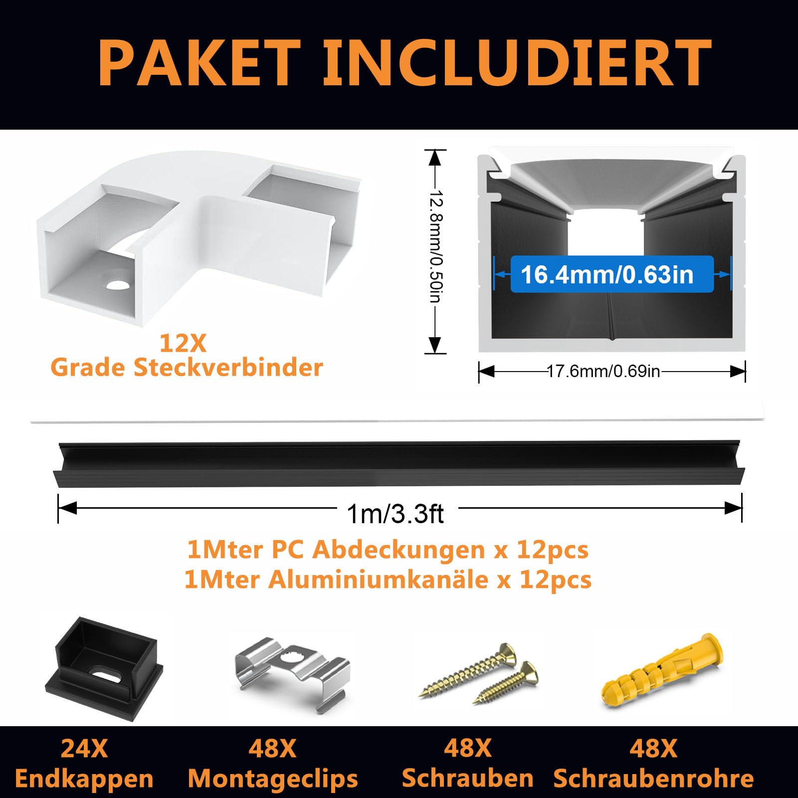 12x1M Schwarz LED Aluminium Kanal mit Milchige Abdeckung für 16mm LED Streifen, U Form LED Profil Strip Schiene Aluprofil mit Endkappen, Metall Befestigungs Clips und 90 Grad Eckverbindern